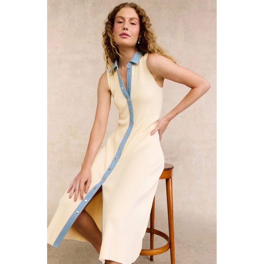 Calvin Klein Jeans Womens Ribbed Knit Button Front Midi Dress Cream Blue Small - Picture 4 of 8